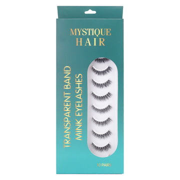 Featherlight A-04 Transparent Band Mink Eyelashes – 10 Pair Multipack | Criss-Cross Natural Volume False Lashes with Invisible Clear Band
